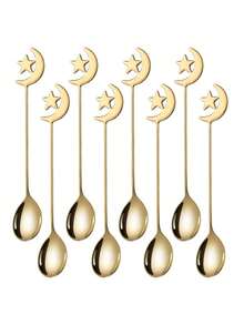 12pcs Stainless Steel Coffee Spoons, Moon & Star Pattern, Dessert Spoons, Mixing Spoons, Perfect For Afternoon Tea And Ramadan Gifts - Gold - View 1
