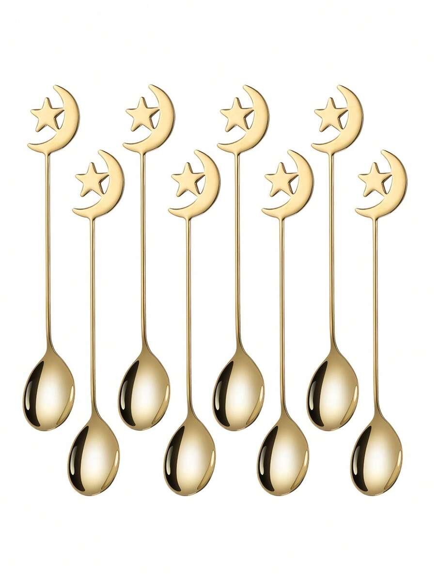 12pcs Stainless Steel Coffee Spoons, Moon & Star Pattern, Dessert Spoons, Mixing Spoons, Perfect For Afternoon Tea And Ramadan Gifts - Gold - View 1