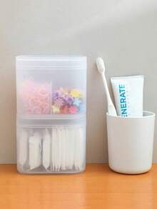 双隔层饰品收纳盒，防尘美发饰品分类盒，带盖双隔层圆形清洁棉签收纳盒，翻盖透明磨砂橡皮筋发夹收纳盒，半透明磨砂塑料浴室收纳盒，防水防潮，桌面小物件收纳盒，化妆间装饰，房间装饰 - 無色 - 查看 3