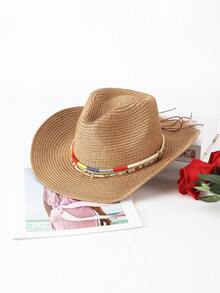 1pc Solid Color Bohemian Straw Hat, Casual, With Metal Decor Hat Band, All-Season Versatile Commuting - B - View 15