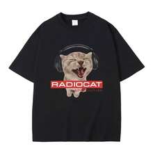 Camiseta con estampado de gato divertido de la banda de rock británica Radiohead, moda de cuello redondo, manga corta, transpirable para la calle - Negro - Ver 1