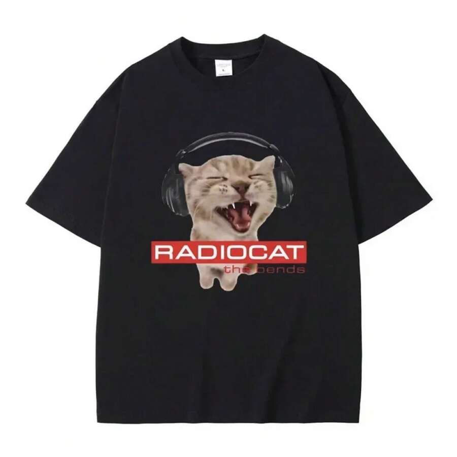 Camiseta con estampado de gato divertido de la banda de rock británica Radiohead, moda de cuello redondo, manga corta, transpirable para la calle - Negro - Ver 1