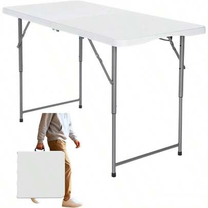 4ft Plastic Folding Table, Indoor Outdoor Heavy Duty Portable Handle, Lock Picnic, Party, Pong, Camping - White 4ft
