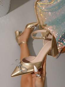 Spring New Fashion Women's Pointed Toe Valentine's Day High Heel Shoes, Hollow Out Chunky Heel Gold Bow Casual Comfortable Shoes - Gold - View 1