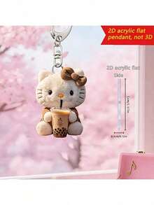 2D Flat, Sanrio 2D Flat Hello Kitty Hugging Bubble Tea Keychain, Cute Pendant, Holiday Gift Decoration, Car Key Chain, Backpack Wallet Key Chain, Women's Fashion Bag Charm, Suitable For Christmas, Carnival, New Year Pendant Keychain, Perfect Women's Accessory.