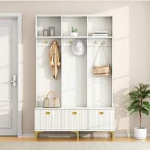 Wardrobe Set With Bench, Multifunctional Storage Bench, Open Storage, 6 Hooks And Gold Legs, Suitable For An Entryway Or Living Room, White, W 120/D 40/H 191.5 Cm - 白色 - 查看 3