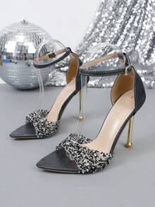 Sandálias minimalistas de bico fino com salto agulha e detalhes em tela. - Bronze - Ver 15