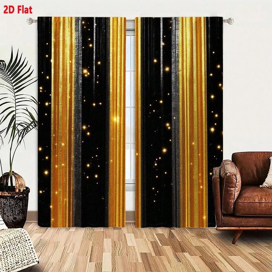 2D Flat, Curtains, 2D Flat Alternating Golden-Yellow & Dark Gray/ Black Vertical Strips With Sparkles On Black Background For Festive Party Backdropwindow Drapes For Bedroom Living Room Decoration, Rod Pocket Window, Festive Drapes Window Curtains For Living Room And Bedroom, Simple Home Decor Style - 彩色 - 查看 1