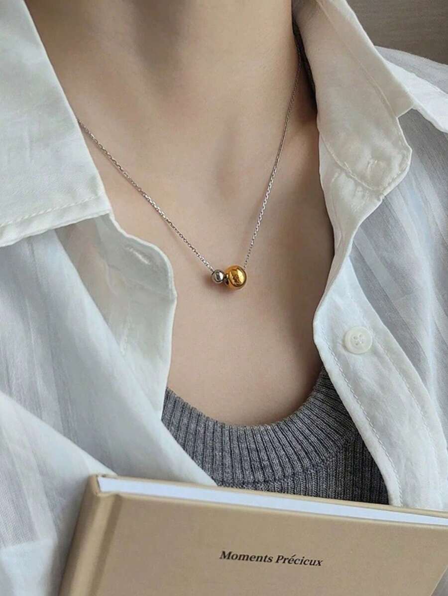 1pc Stainless Steel Waterproof Non-Fading Dual-Tone Ball Necklace, Suitable For Women's Daily Wear - Gold - View 1