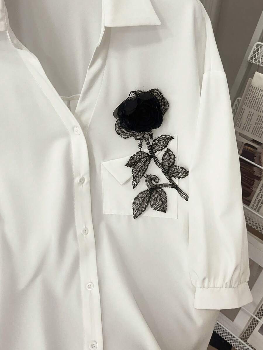 Women's Elegant Shirt With 3D Rose Design, Suitable For Daily Commute And Valentine's Day Date Spring - White - View 1