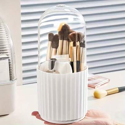 1pc 360° PET+PP Dust-Proof Makeup Brush Holder, Transparent Compartment Cosmetic Organizer, Luxury Style Vanity Desk Storage For Lipstick, Eyeshadow