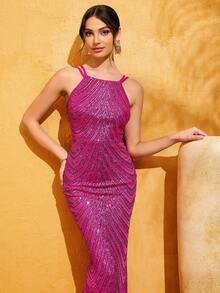 LOVE&LEMONADE Women's Fuchsia Sequin Backless Spaghetti Strap Elegant Sleeveless Formal Mermaid Evening Dress - Hot Pink - View 2