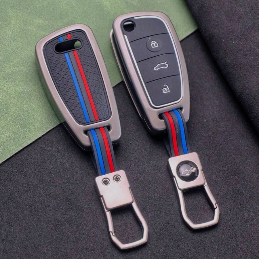 适用于奥迪A3/A5/Q5L/Q2L/Q3/A4L/A1/A6L的优质锌合金汽车钥匙遥控器保护套,带钥匙孔 - 防刮耐用保护壳,兼容点火启动功能,时尚高端汽车钥匙配件 - 1件黑色 - 查看 1