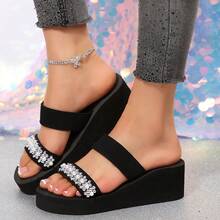 Women's Rhinestone Decor Casual Everyday Fashion Versatile Thick Bottom Wedge Sandals - Black - View 4