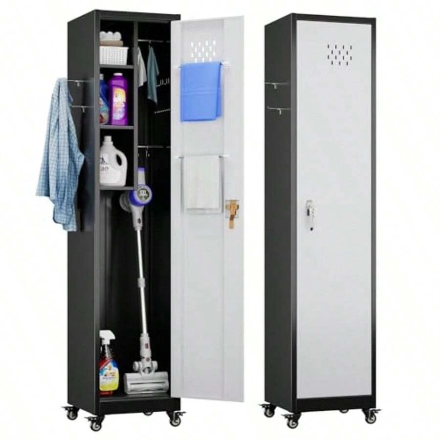 72" H Broom Closet Storage Cabinet Metal Garage Storage Cabinet With Wheels Pegboard Locking Door And Hooks For Garage Home Utility Cleaning Cabinet For Broom And Mops Black And White - BlackandWhite - View 1