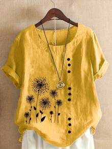 Plus Size, Summer Retro Floral Print Oversized Loose Short Sleeve Pullover Round Neck T-Shirt For Women - 深灰色 - 查看 10