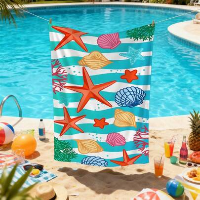 1条海星图案沙滩巾，超柔软吸水沙滩巾，蓝色条纹特大号旅行沙滩巾，运动泳池沙滩巾，浴室露营巾，瑜伽成人沙滩巾，旅行必备