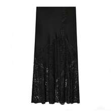 Women's Elegant Satin & Lace Patchwork High Waist Skirt With Slit - Black - View 2