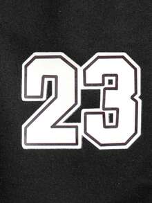 男士黑色运动短裤，饰有23号图案印花、撞色拼接、弹性腰带，街头风格 - 黑色 - 查看 9