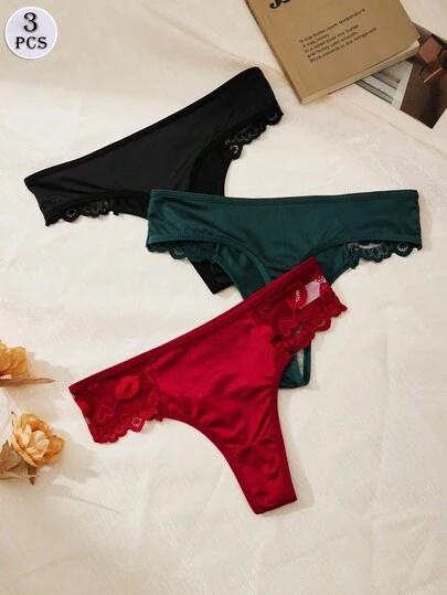 3PCS [Light Luxury Texture Style] Satin Heart Lace Women's Panties, Sexy T-Back Panties With Delicate Heart And Floral Lace Decoration, Featuring Invisible, Snug-Fitting Cut That Doesn't Dig Or Roll, Combining Sexy Appeal With Exquisite Details For A High-Value, Textured Women's Underwear.