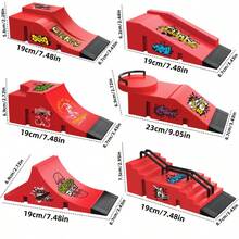 六合一手指滑板游戏套装，包含U型坡道、手指滑板、训练道具和配件，适合作为节日礼物 - 彩色 - 查看 3