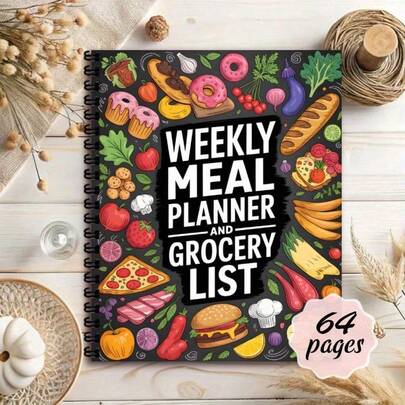 Maaltijdplan, maaltijdvoorbereidingsplan, keukenmanagementtool, wekelijks maaltijdplannernotitieboekje, voedingsdagboek, dagelijks maaltijddagboek, boodschappenlijstje voor een menu, tracker voor gezond eten of gewichtsverlies