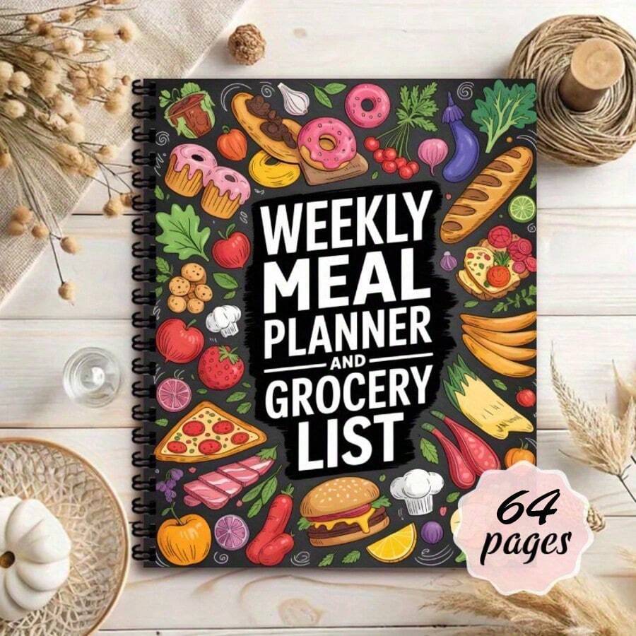 Kế hoạch bữa ăn, Kế hoạch chuẩn bị bữa ăn, Quản lý nhà bếp, Sổ tay lập kế hoạch bữa ăn hàng tuần, Nhật ký thực phẩm, Nhật ký bữa ăn hàng ngày, Danh sách thực đơn, Theo dõi chế độ ăn uống lành mạnh hoặc giảm cân - Nhiều màu - Xem 1