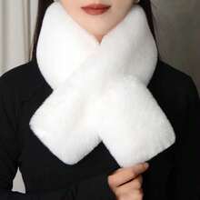 1Pc Faux Rabbit Fur Cross Neck Warmer - Plush Thickened Soft Solid Color Women's Scarf For Winter | Great For Self & Gifting - 白色 - 查看 6