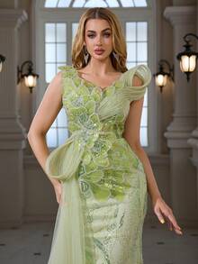 Luxury Beaded & Sequin Embroidered Elegant Mermaid Fishtail Tulle Maxi Dress, Suitable For Cocktail, Wedding, Evening Party - Green - View 3