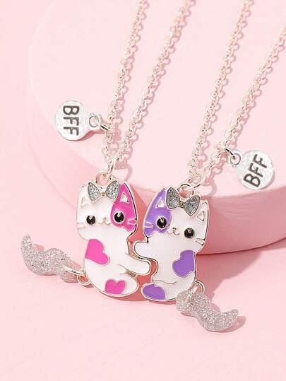 2pcs/Set Girls Cute Cat Best Friend Forever BFF Drip Pendant Necklace, Perfect Gift For Bestie And Sister