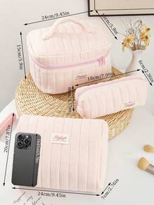 Pink Striped Quilted Makeup Bag Portable Storage Bag With Zipper Handheld Bag Travel Washbag Large Opening Zipper Design Makeup Bag - Pink - View 6