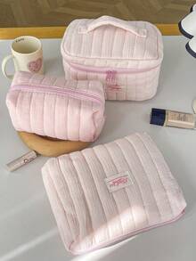 Pink Striped Quilted Makeup Bag Portable Storage Bag With Zipper Handheld Bag Travel Washbag Large Opening Zipper Design Makeup Bag - Pink - View 15