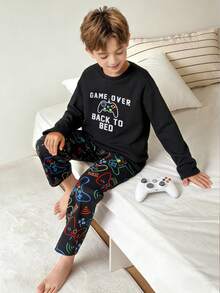 男童圆领长袖长裤睡衣套装，印有游戏手柄图案，适合所有季节的家居服 - 黑色 - 查看 4