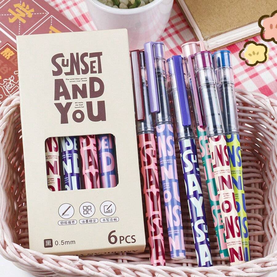 6pcs/9pcs Box Liquid Ink Ballpoint Pens, Black Ink, American Style, For Students, Office, Exam Writing, Back To School Essential Stationery - Multicolor - View 1