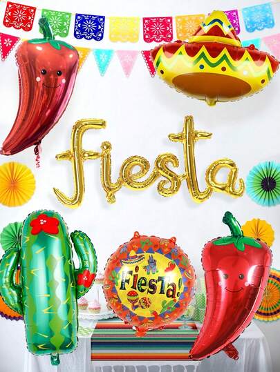 6 piezas Decoraciones de fiesta de globos de carnaval, incluye pancartas de fiesta, globos, cactus, chiles, sombreros, globos de papel de aluminio de carnaval, adecuado para decoración de fiesta de carnaval mexicano, fiesta de tacos, decoración de carnaval de luau de tacos, fiesta de cumpleaños, aniversario, decoraciones de fondo con tema de fiesta mexicana