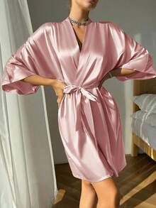 1pc Women Solid Color Elegant Tie Waist Short Satin Silk Robe, Sexy Casual Comfortable Loungewear, Suitable For Home Use, Bridal & Bridesmaid, Autumn/Winter, Fall - 粉色 - 查看 5