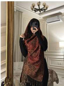 1pc Classic Cashew Tassel Fringed Long Scarf, Women's National Style Embroidered Shawl, Elegant Sunscreen Headscarf - Angola Red - View 5