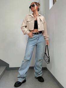 Vestido de primavera con detalle de solapa de hombro caído y chaqueta corta de pana en otoño/invierno - Albaricoque - Ver 5