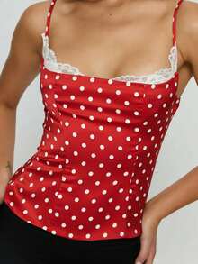 Women Polka Dot Y2K Cami Top Lace Trim Spaghetti Strap Tank Top Fairy Backless Dot Print Going Out Camisole - 紅色 - 查看 5
