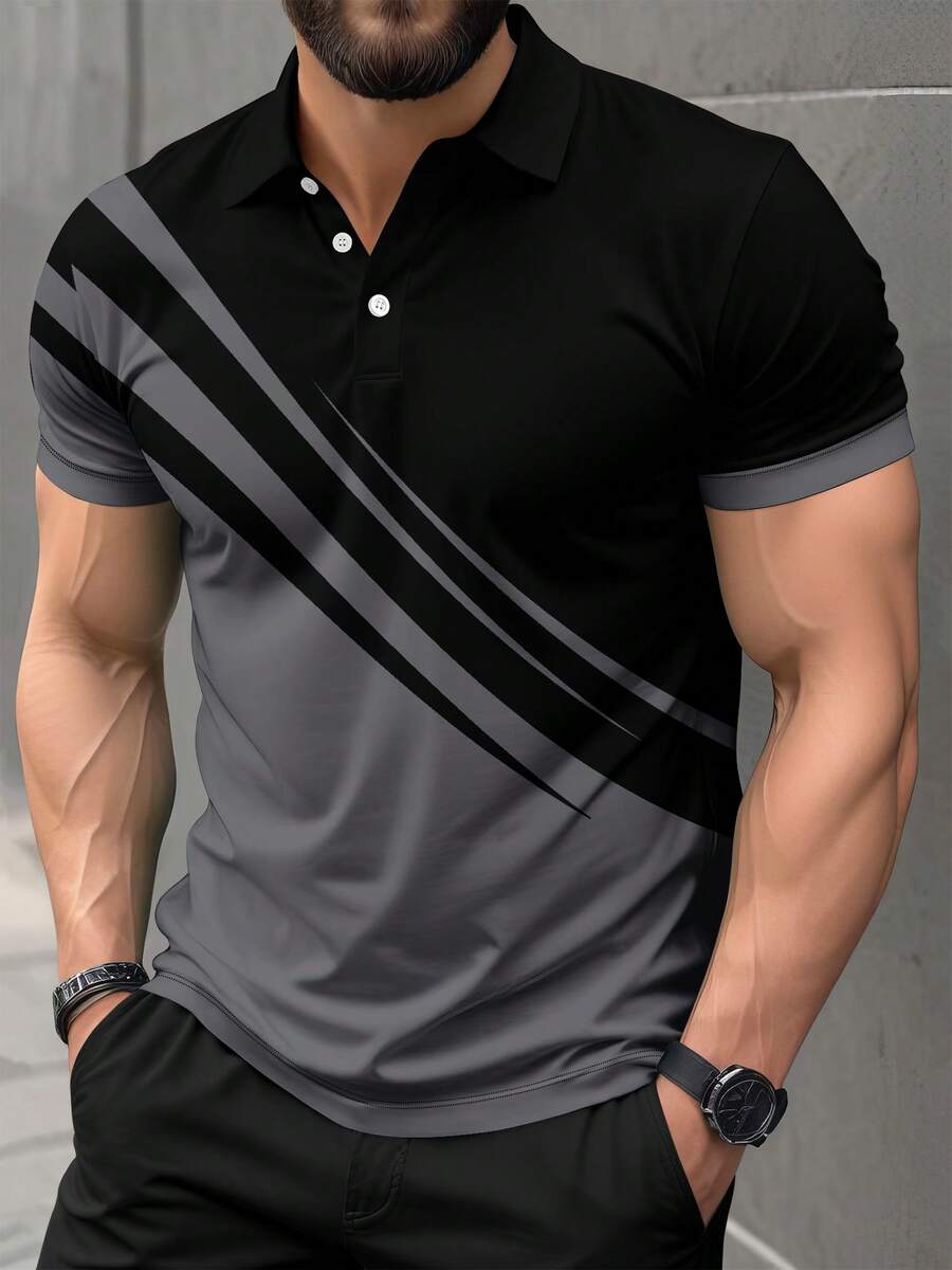 Men's Casual Patchwork Color Commuting Short Sleeve Polo Shirt - Grey - View 1