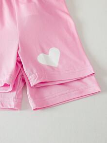 New Baby Girls Short Sleeve Cartoon Print Casual Round Neck Top And Solid Color Embroidered Letter Shorts 2 Piece Set, Suitable For Daily Casual, Outing And Vacation - White - View 9