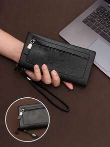 HOVI'S Men Clutch Bag Black Litchi Texture PU Zipper & Snap Button Wrist Strap - Large Capacity Phone Holder Multi Card Slots New Year Gift Valentine's Day Gift