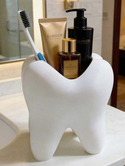 Soporte de cepillo de dientes de tamaño compacto con forma de dientes - Un organizador de accesorios de baño de plástico blanco independiente que no requiere energía, estantería de almacenamiento para el baño, adornos personalizados, decoraciones, adecuado para colocar en el dormitorio, baño, sala de estar, adecuado para regalar a familiares, amigos, colegas, compañeros de clase, novias, novios, regalos recientes de días festivos, regalos del Día de San Valentín