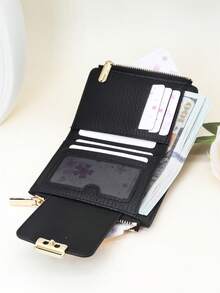 女士短款钱包，纯黑色，柔软精致的PU皮革手机钱包，时尚按扣双拉链大容量多功能钱包卡包，轻巧简约手拿包，适合作为节日礼物 - 黑色 - 查看 5