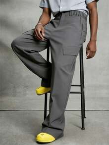 Men's Grey Wide Leg Cargo Pants, Streetwear Style - Dark Grey - View 3