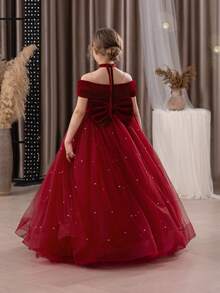 Tween Girl Christmas Dress Spaghetti Strap Bow Tulle Elegant Flower Girl Party Dress Princess Gown, Suitable For Girls Wedding, Party, Birthday, Communion, Special Occasions - Burgundy - View 2