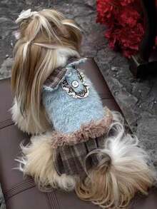 1pc Pet Dress, Small Dog Costume, Cute, Warm, Autumn/Winter Wear, Princess Style, Dog Outfit, Plaid Pattern, Lace, Collar, Warm And Cozy, Soft And Comfortable, Easy To Put On And Take Off. Suitable For Weddings, Holidays, New Year's Holidays And Everyday Outings! - Multicolor - View 7