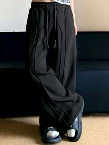 Men's Black Draped Wide Leg Pants With Drawstring Design, Loose Casual Trousers - Black - View 2