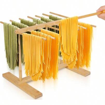 ​​CycFor Bamboo Pasta Drying Rack With 14 Rods And Transfer Wand - Lar Capacity Collapsible Stand For Fresh Homemade Spaghetti Foldable Sp Saving Stora​​