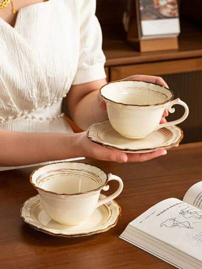 1 Set Cup + Saucer, Vintage Distressed Ceramic Coffee Cup & Saucer Set, Minimalist Floral Rim, Elegant Ceramic Cup & Saucer For Office, Restaurant, Living Room, Cafe, Dessert Shop